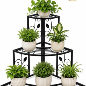 3-Tier Black Metal Corner Plant Stand with Decorative Leaf Design