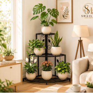 3-Tier Black Metal Corner Plant Stand with Decorative Leaf Design
