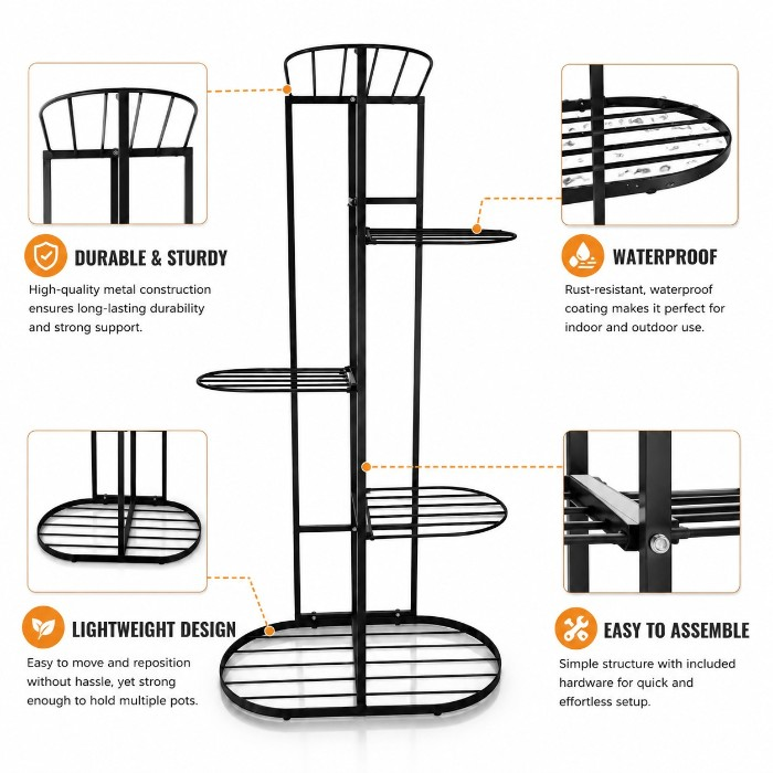 6 Tier Black Metal Plant Stand for Indoor & Balcony Plants - Image 3