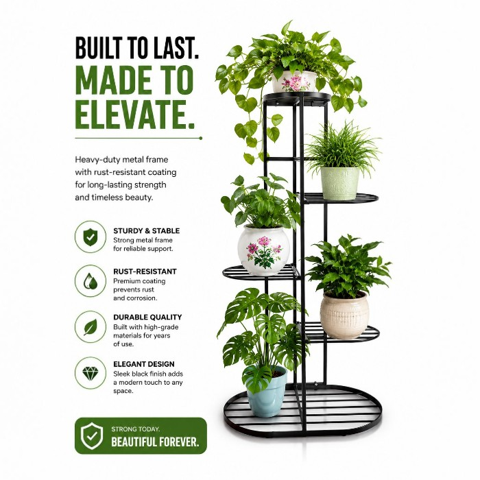 6 Tier Black Metal Plant Stand for Indoor & Balcony Plants - Image 4