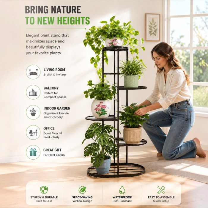6 Tier Black Metal Plant Stand for Indoor & Balcony Plants - Image 5